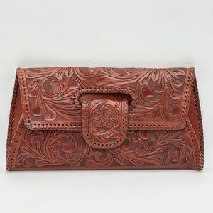 Hand tooled leather clutch crossbody